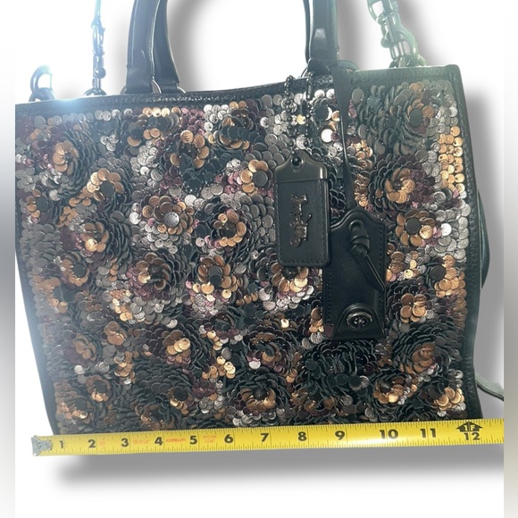 Coach 1941 Rogue 30 LEATHER Bag Satchel Shoulder Tea Rose Appliqué BLK Metallic - Picture 14 of 17